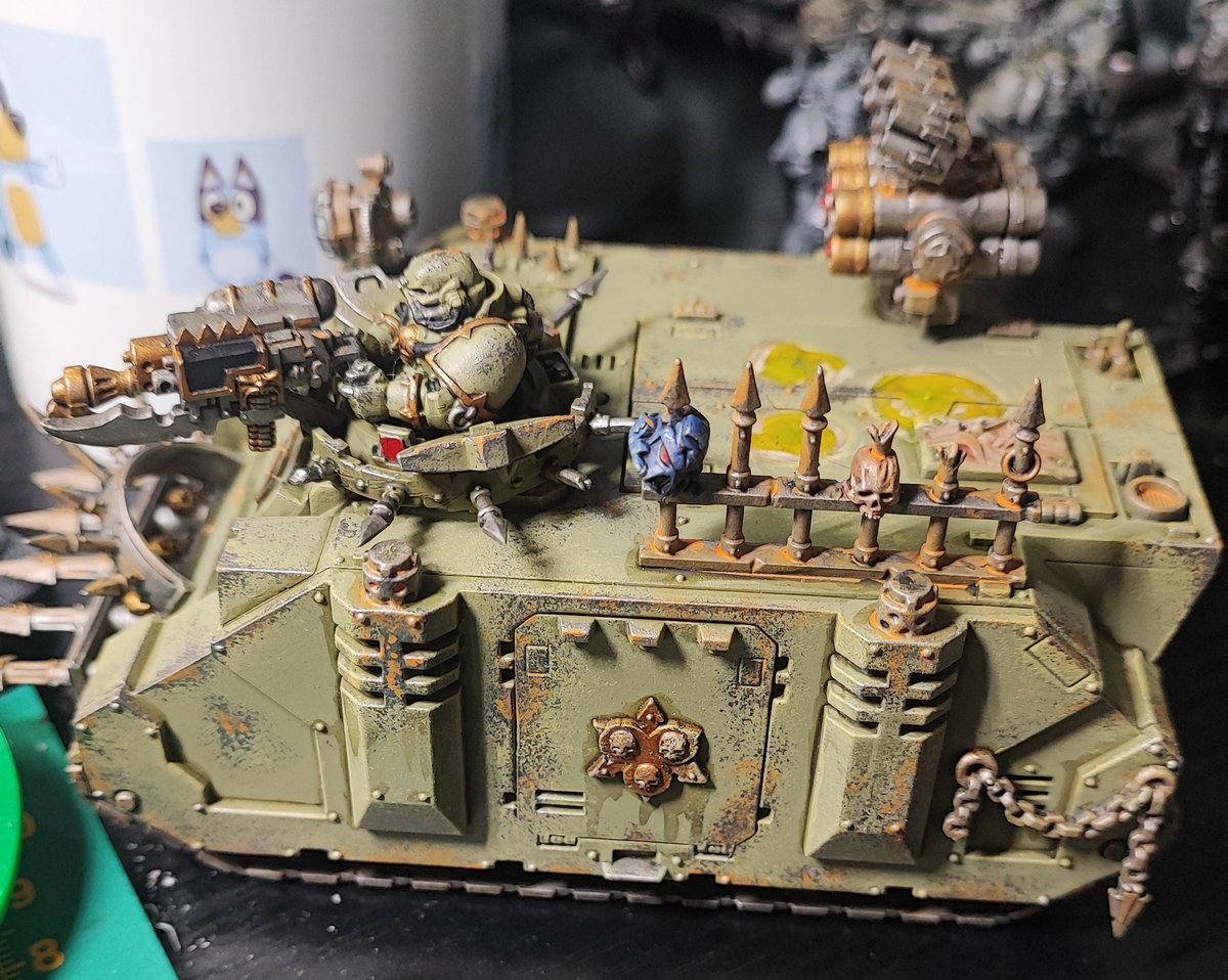 Hobby_Corner's tweet photo. Almost done. Some muck on the tracks and that's good to go. Didn't want it to be over the top so it still looks recently looted and functional lol

#warhammercommunity #warhammerofficial #deathguard #40k #warmongers #tabletopready https://t.co/pnGLnTTf8j