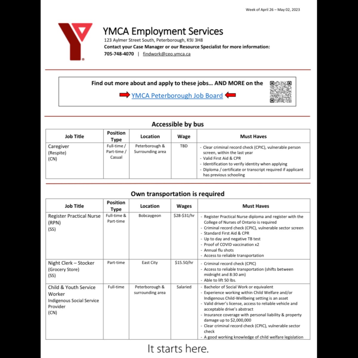 ymca_services's tweet photo. #Jobseekers this post is for you! Check out this week's #workitwednesday job postings and get in touch today! We can be reached by phone at 705.748.4070, email at findwork@ceo.ymca.ca or carrier pigeon, your choice!   #itstartshere https://t.co/jsxvBkxW4c