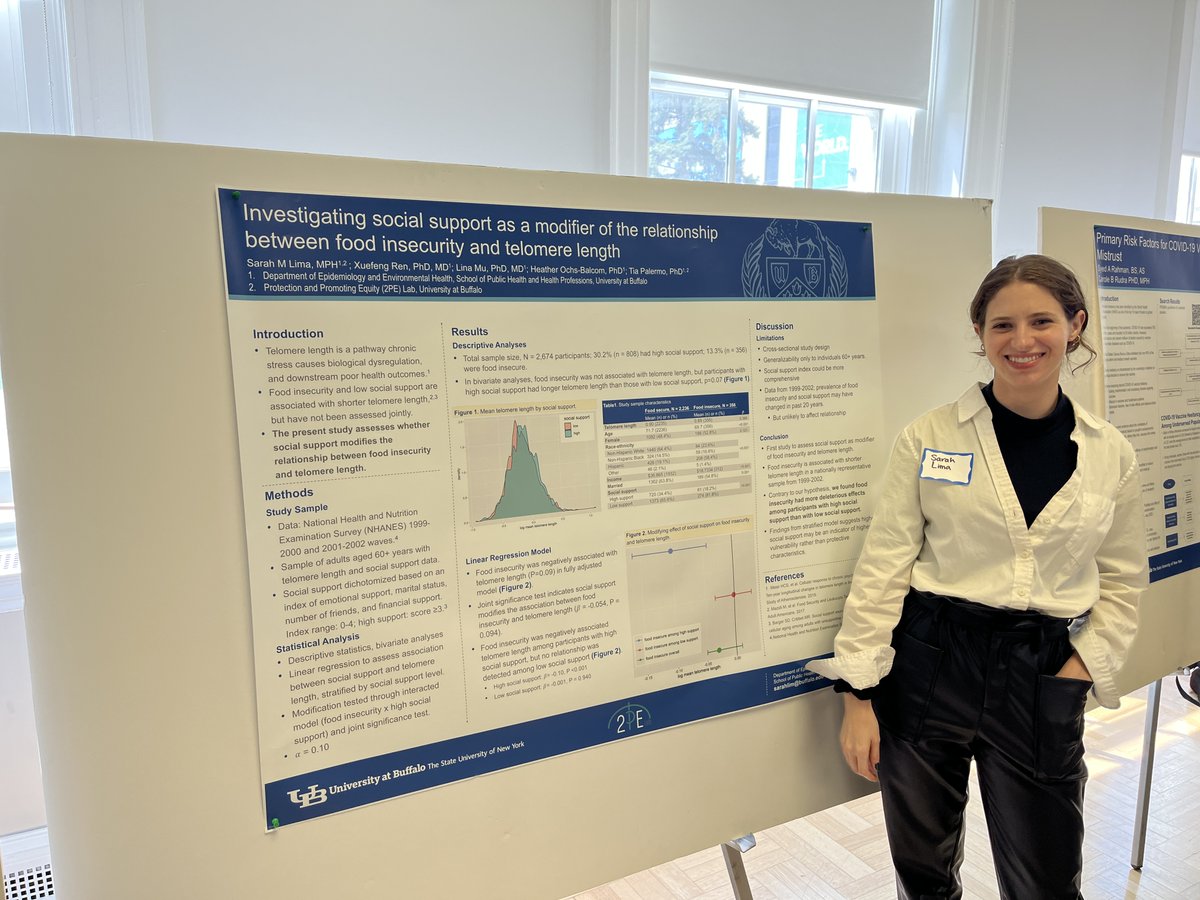 Congratulations to @2pelab member & @ubsphhp PhD student @SMLimaMPH for winning 2nd place in the Perry Poster Day Epi & Environmental Health Category @ubsphhp today for her work on telomere length, #foodsecurity & #socialsupport!