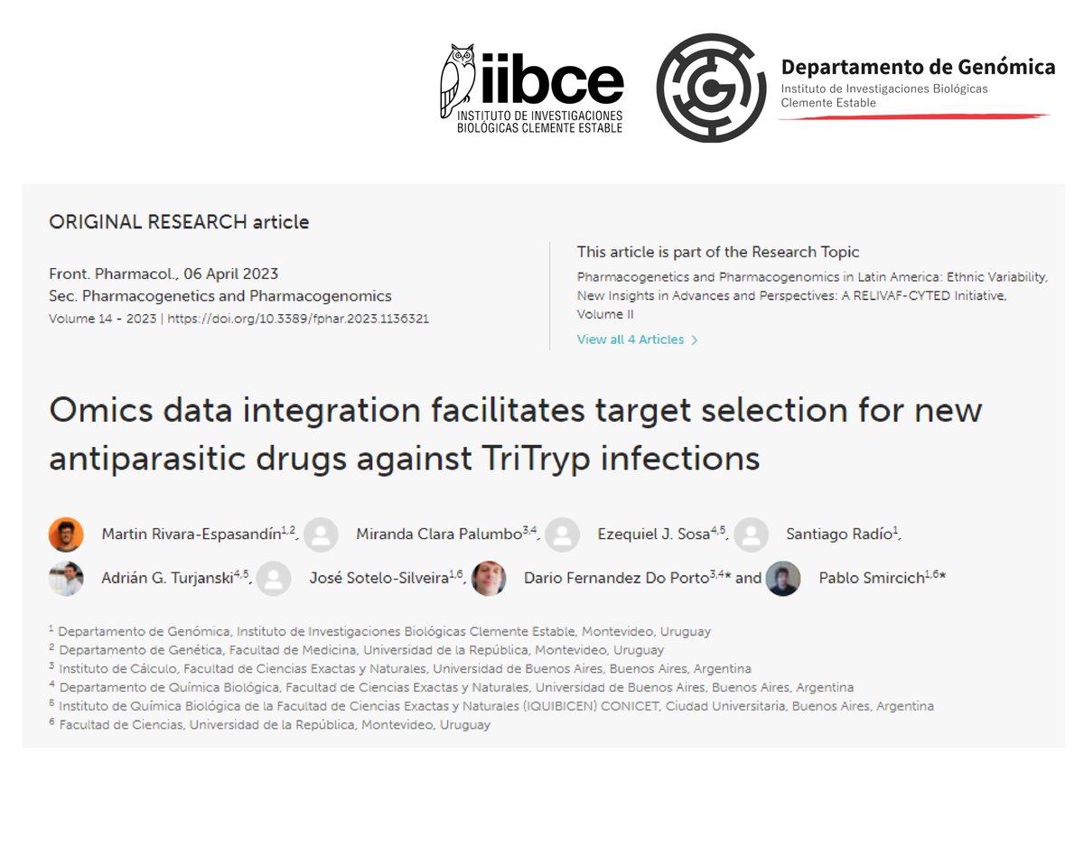 Departamento de Genómica (@genomicaiibce) on Twitter photo Compartimos nuestra nueva publicación "Omics data integration facilitates target selection for new antiparasitic drugs against TriTryp infections" en <a href="/FrontPharmacol/">Frontiers - Pharmacology and Toxicology</a> (doi.org/10.3389/fphar.…)
<a href="/rivara_martin/">Martín Rivara</a> <a href="/psmircich/">Pablo Smircich</a> <a href="/Santi_Radio/">Santiago Radío</a> <a href="/JsSotelojos/">José Sotelo-Silveira</a>
<a href="/IIBCE/">Instituto Clemente Estable</a> <a href="/GeneticaFmed/">Unidad Académica de Genética</a> Compartimos nuestra nueva publicación "Omics data integration facilitates target selection for new antiparasitic drugs against TriTryp infections" en <a href="/FrontPharmacol/">Frontiers - Pharmacology and Toxicology</a> (doi.org/10.3389/fphar.…)
<a href="/rivara_martin/">Martín Rivara</a> <a href="/psmircich/">Pablo Smircich</a> <a href="/Santi_Radio/">Santiago Radío</a> <a href="/JsSotelojos/">José Sotelo-Silveira</a>
<a href="/IIBCE/">Instituto Clemente Estable</a> <a href="/GeneticaFmed/">Unidad Académica de Genética</a>