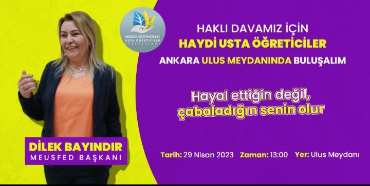 ➡️Benim Davam
➡️Benim Geleceğim
Diyen tüm Usta öğreticileri
❗️29.04.2023
❗️Saat 13.00'da
 Ulus Meydanına bekliyoruz.