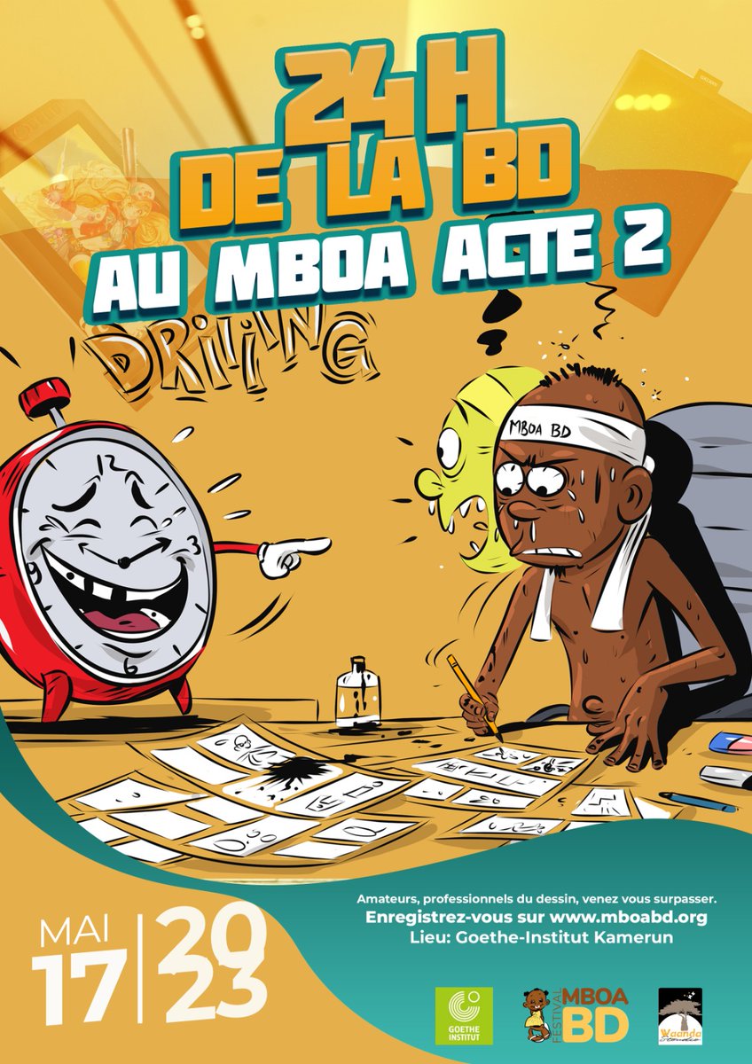 APPEL A PARTENAIRES ET MECENES
Quoi? 24h de la BD au Mboa acte 2
Où? <a href="/GoetheKamerun/">Goethe-Institut Kamerun</a> 
Quand? 17-18 Mai 2023 de 17h à 17h le lendemain
Vous désirez vous associer à cet évènement, merci de nous contacter au +237 659229191 (whatsapp uniquement) ou par mail à contact@mboabd.org
#RT