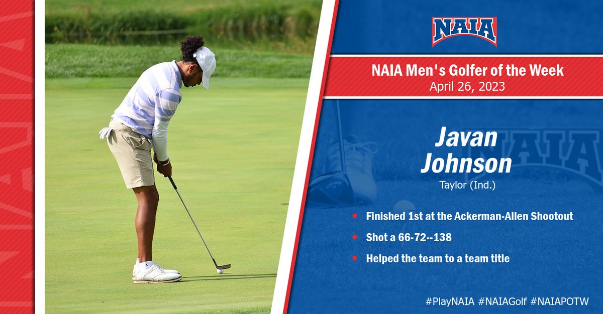 M🏌️‍♂️| Javan Johnson (<a href="/taylortrojans/">Taylor Trojans</a>) is this week's Men's Golfer of the Week!

Read More - bit.ly/43aqnbu

#PlayNAIA #NAIAGolf #NAIAPOTW
