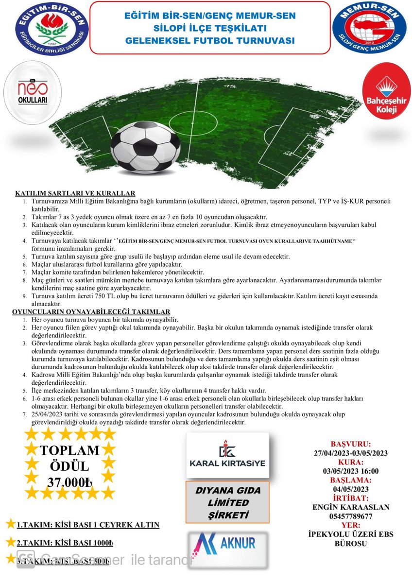 Heyecanla beklenen meb’e bağlı kurumlar arası futbol turnuvamızın startını <a href="/EgitimBirSen/">Eğitim-Bir-Sen</a> ve <a href="/gencmemursen/">Genç Memur-Sen</a> olarak veriyoruz.Yeni dostlukların,arkadaşlıkların kurulacağı güzel bir turnuva olması dileğiyle tüm takımlara başarılar diliyorum.<a href="/_aliyalcin_/">Ali YALÇIN</a>  <a href="/AbdullahCati/">Abdullah ÇATI</a>