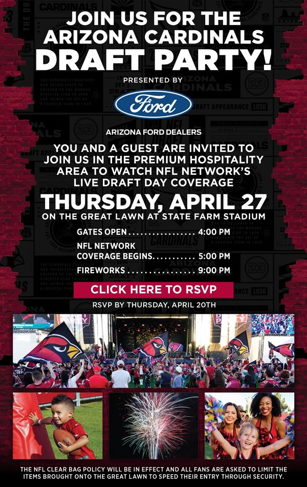 We can’t wait to see you tomorrow at the <a href="/AZCardinals/">Arizona Cardinals</a> Draft Party.  The Clear Bag Policy will be in effect.  View the policy here:   azcardinals.com/bagpolicy