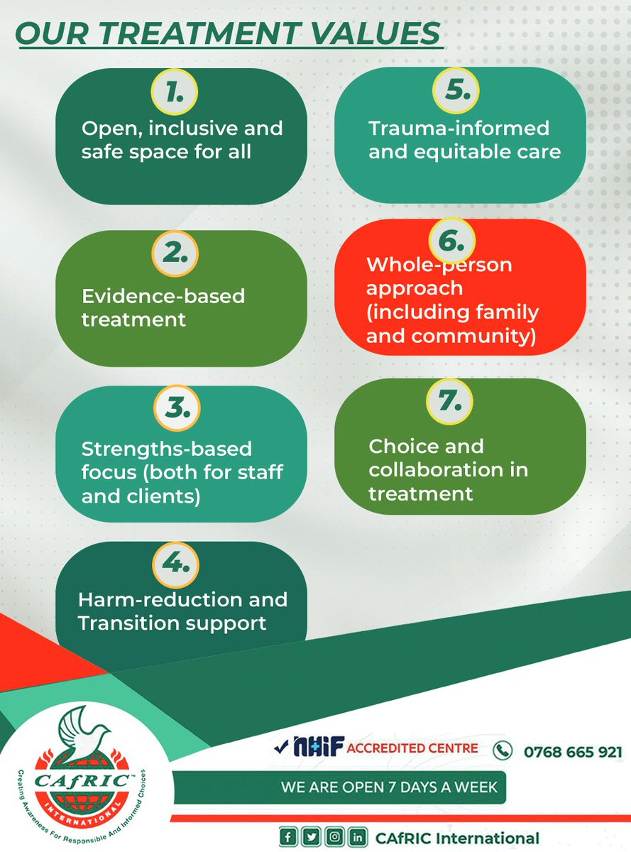 Our services are anchored in these treatment values. 

📲 0768 665 921 or 0793 888 475
📩 info@cafric.org
🌐 cafric.org 

#cafricinternational #cafriccentrekenya #mentalhealth #emotionalhealth #ExpertCare #CompassionateTeam #HealingJourney