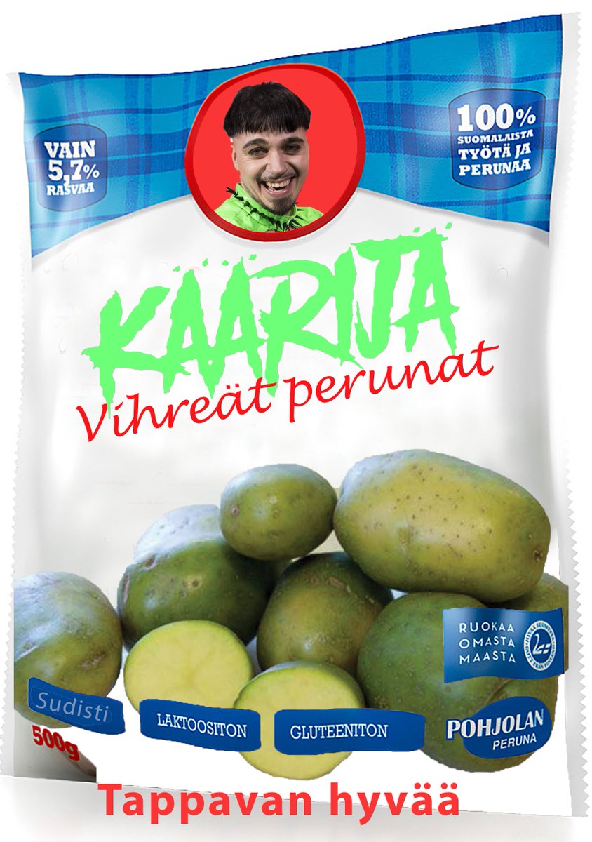 koskelainen's tweet photo. Uusia tuotteita tullut. #käärijä #esc green potatos Eat once, never eat again https://t.co/ujmb9r6Cso