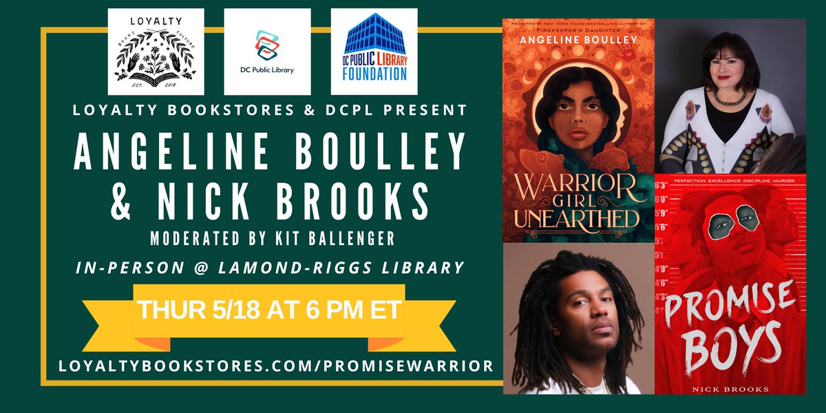 dcpl's tweet photo. Join us  for a live, in-person event with Angeline Boulley and Nick Brooks to celebrate their latest releases, Warrior Girl Unearthed and Promise Boys  

May 18 | 6:00 PM 
Lamond-Riggs Library 

@loyaltybooks
@FineAngeline 
@whoisnickbrooks

Register: https://t.co/f6tEH4xjEQ https://t.co/EBpwoNJtFL