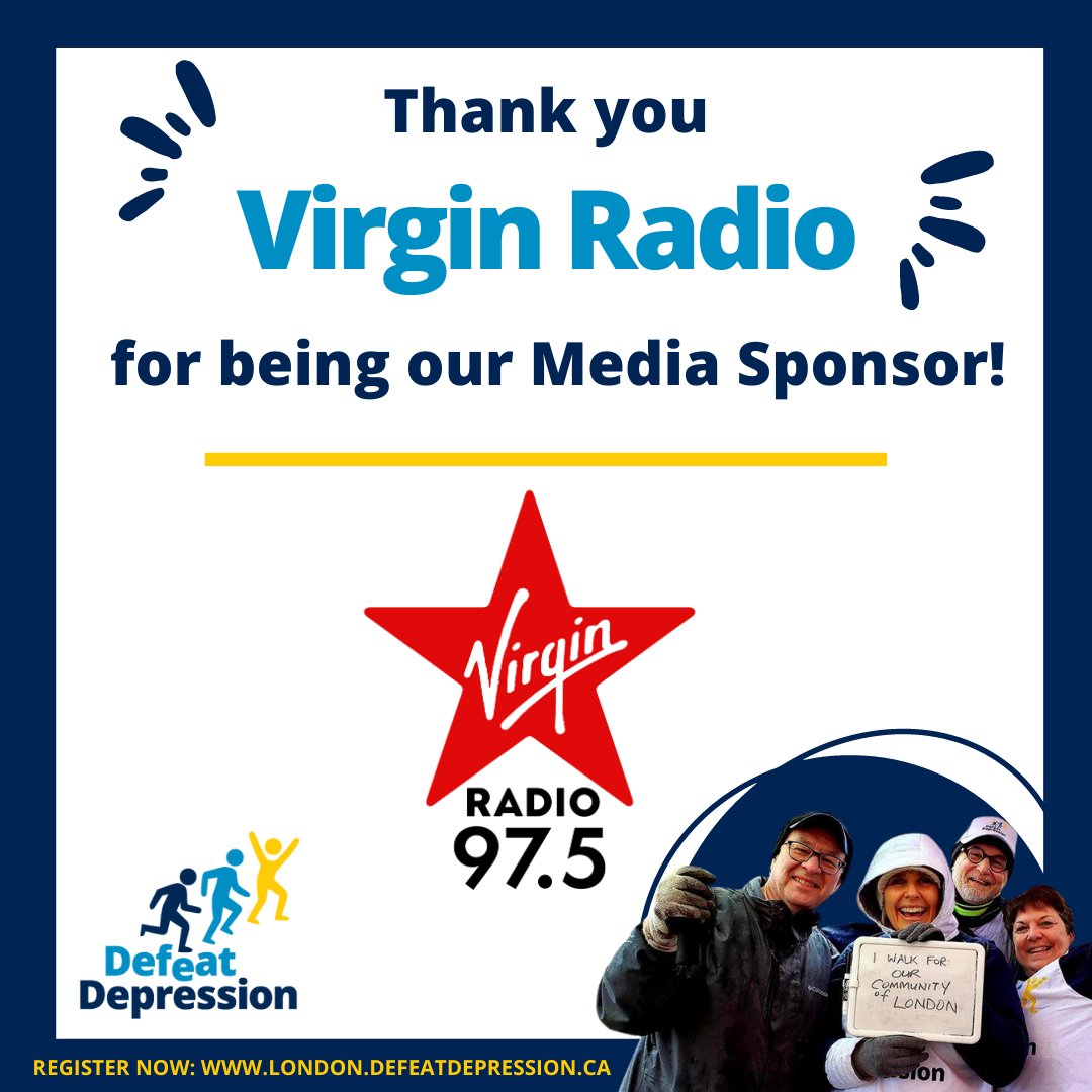 Thrilled to have <a href="/VirginRadioLON/">VirginRadioLondonCA</a> 🇨🇦 as a sponsor for Defeat Depression London event! Thankful for their support in raising mental health awareness. Tune in for updates &amp; join May 27 @ Victoria Park! Register: london.defeatdepression.ca 🚶‍♀️🏃‍♂️💙 #DefeatDepression  #MentalHealth #Virgin