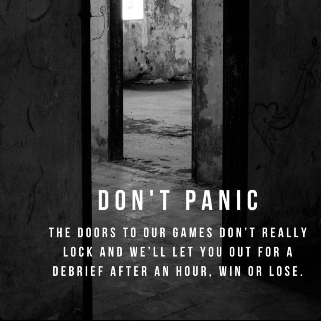 TheEscapeOKC's tweet photo. DON’T PANIC…. The door to our game rooms don’t really lock and we’ll let you out to debrief after an hour, win or lose! 🚪🧩

Fun fact: feel stuck? Ask for a clue to get you going! 

#escaperoom https://t.co/sNOkQ03xpG