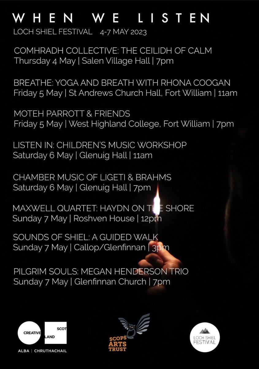 It’s just over a week until our lovely small festival kicks off for 2023. With a focus on listening and well-being, we have a programme of fantastic workshops and performances featuring world class musicians. Advance booking highly recommended - tickets: eventbrite.co.uk/e/loch-shiel-f…