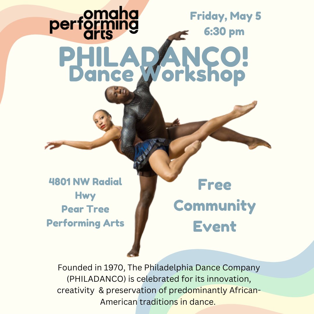 PearTreeOmaha's tweet photo. Omaha Performing Arts presents Philadanco! The Philadelphia Dance Company! 
Jete - Black Boy Joy
May 4 - 6:30 PM Highlander Accelerator  (FREE)

Dance Workshop
May 5- 6:30 PM Pear Tree Performing Arts (FREE)
Philadanco!

May 6- 7:30 PM Orpheum Theater (tickets available online) https://t.co/l9ipVKlbmA