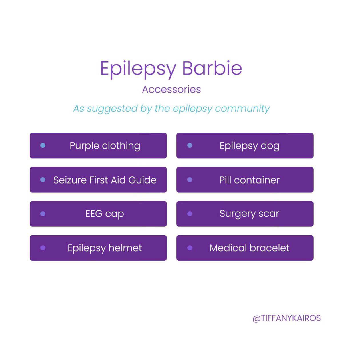 Let’s make Epilepsy Barbie Happen! 👏🏼

Those in the #epilepsy community have come together offering suggestions of what “Epilepsy Barbie” &amp; Ken should look like and accessories that should be included! 

Are there any other accessories you’d add? 🫶🏻

Tag <a href="/Mattel/">MATTEL</a> with a 💜!