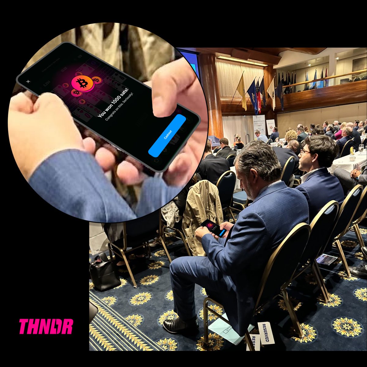 THNDRGAMES's tweet photo. Senator @tedcruz playing THNDR before speaking about #bitcoin at the @btcpolicyorg summit! 🎮 

Play games. Stack sats. Make good bitcoin policy. https://t.co/6gL15iXmcU