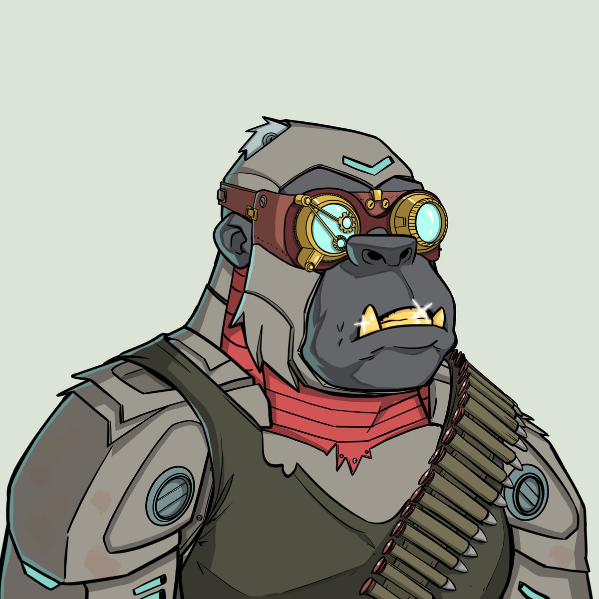 NFTDoctor33's tweet photo. I love the cosmetic store at @playtheheist.

Bought myself a limited edition robotic skin and steampunk glasses.

My gorilla looks really mean now. https://t.co/A93EoVB8jU