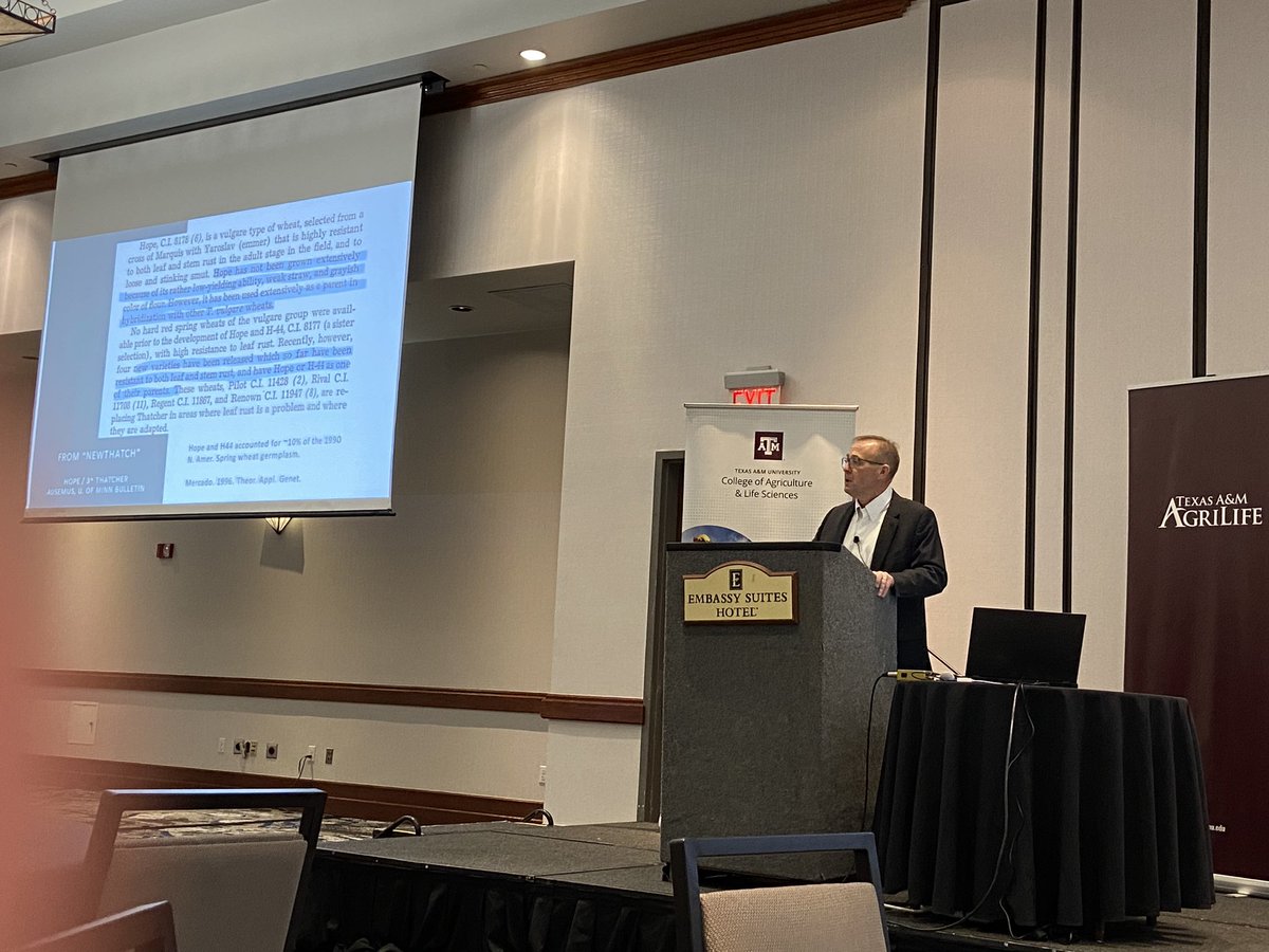 HighPlainWheat's tweet photo. A great gathering for Texas Small Grain meeting on 24, McFadeen wheat symposium on 25 and Hard Red Winter wheat regional meeting on 26. A very inspiring talk by Dr. Ed Souza on McFadden life and career. Dr. Pierson introduced @tamusystem @txresearch wheat cultivars.Student poster https://t.co/WfqIA1UCBA