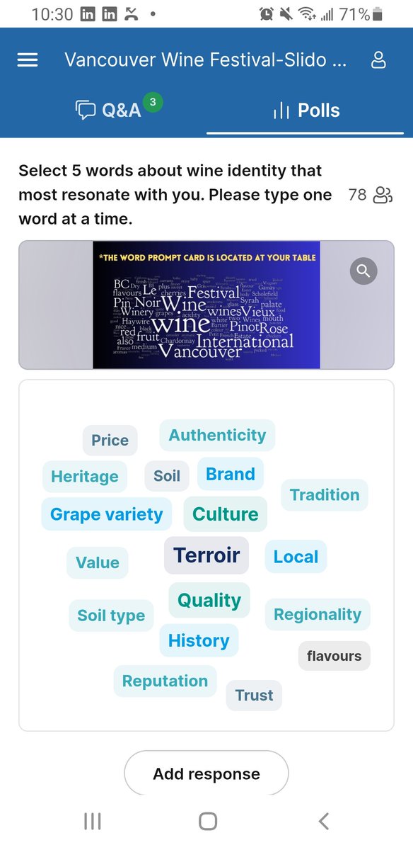Kick off to the <a href="/VanWineFest/">Vancouver International Wine Festival</a>  
Trade seminar- Does BC Have a Wine Identity?  I say YES!
Image is results from the room - a "wine" cloud identity. 🍷
#viwf