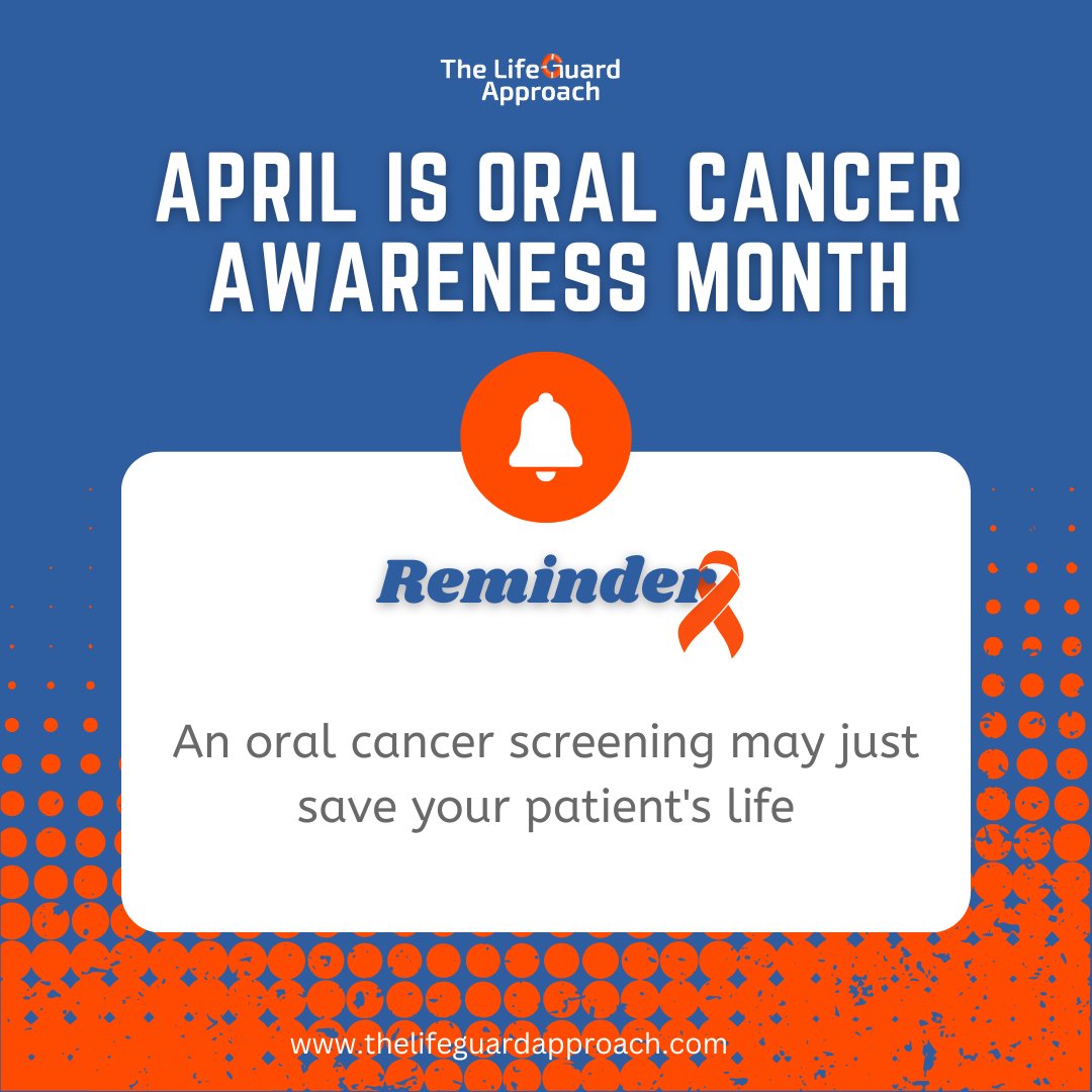 Take time to screen for oral cancer during EVERY patient's appointment...it might just save their life. bit.ly/3PMloWm 

#thelifeguardapproach #oralcancer #hygienist #hygienisteducation #oralhealth #screenings #dentalcoaching #april2023 #dentistry #wednesdaywisdom