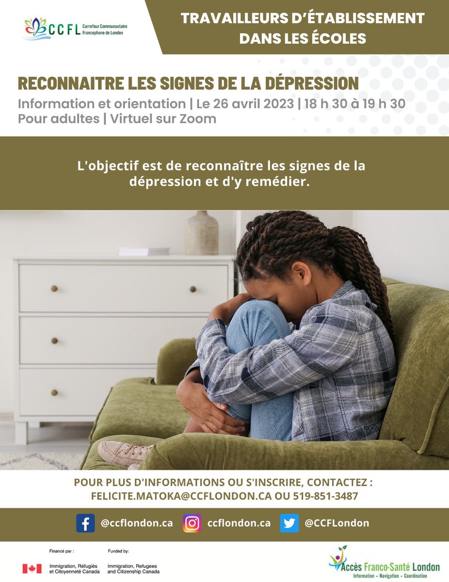 AccesFranco's tweet photo. #parents et #professeurs  à #lndont joignez l'atelier ce soir avec Noha de  @CMHATV_francais pour apprendre à reconnaiter la dépression et connaitre les ressources existent en français  dans la région.
Pour obtenir le lien Zoom, contactez felicite.matoka@ccfondon.ca
@CCFLondonON https://t.co/h3DWW9K2Ad