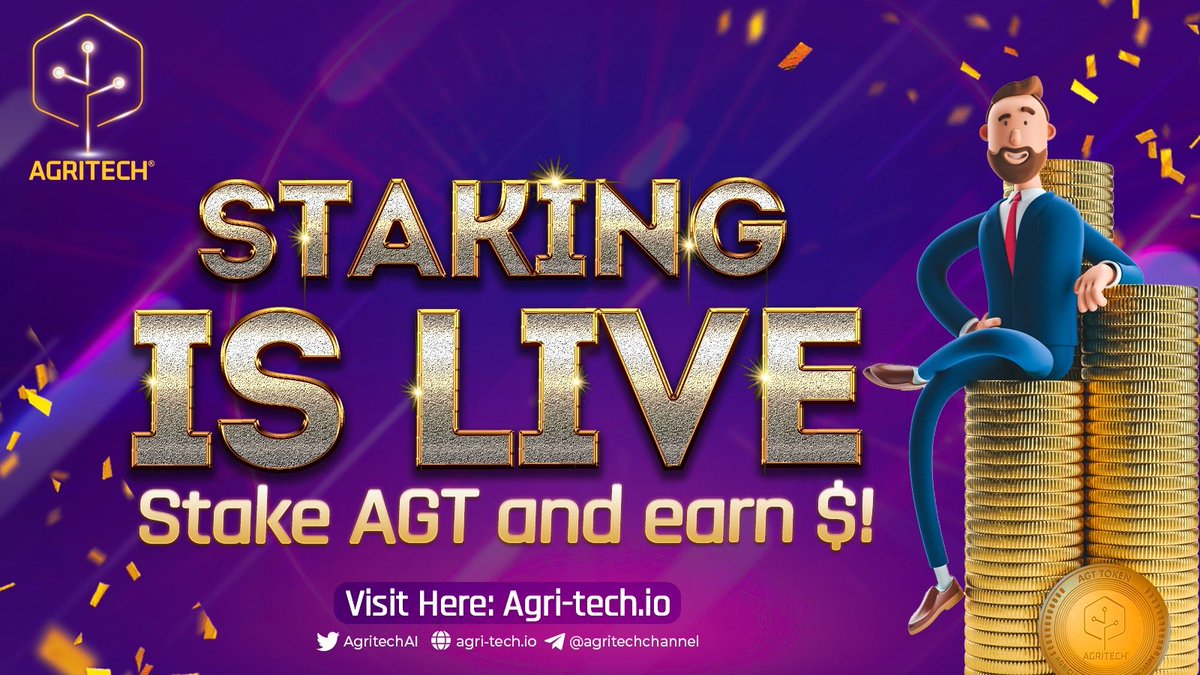 Hello Fam!🥰

We are very excited to announce 
🔔$AGT STAKING IS NOW LIVE!⚡️

🌐Stake on DApp token.agri-tech.io

➡️ Information:❓

📌There will be a RED WARNING on Trustwallet , due to third party contract. Nothing to worry about it.

📌 Staking Period: 25th to 25th each