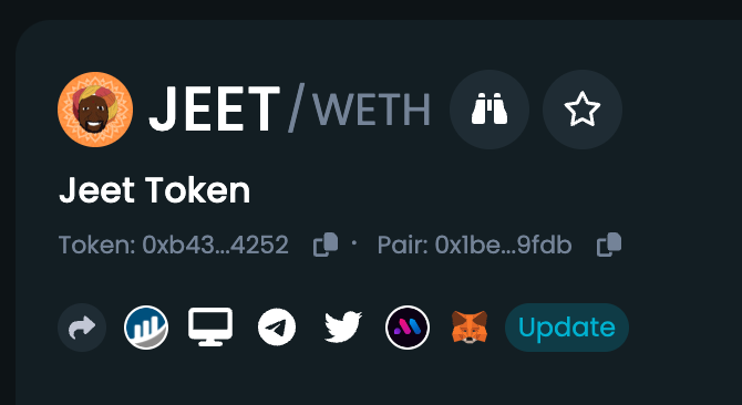 Jeet_Token's tweet photo. Our info is now updated on Dextools! $JEET

https://t.co/4nO5j4lyF2 https://t.co/7IAneYQYH4