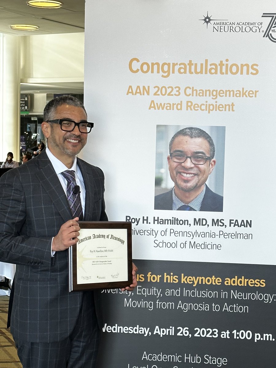Congrats to Roy Hamilton for winning the ⁦@AANmember⁩ Changemaker award for truly exceptional contributions to #DEI in Academic Neurology! #AANAM ⁦@PennNeurology⁩
