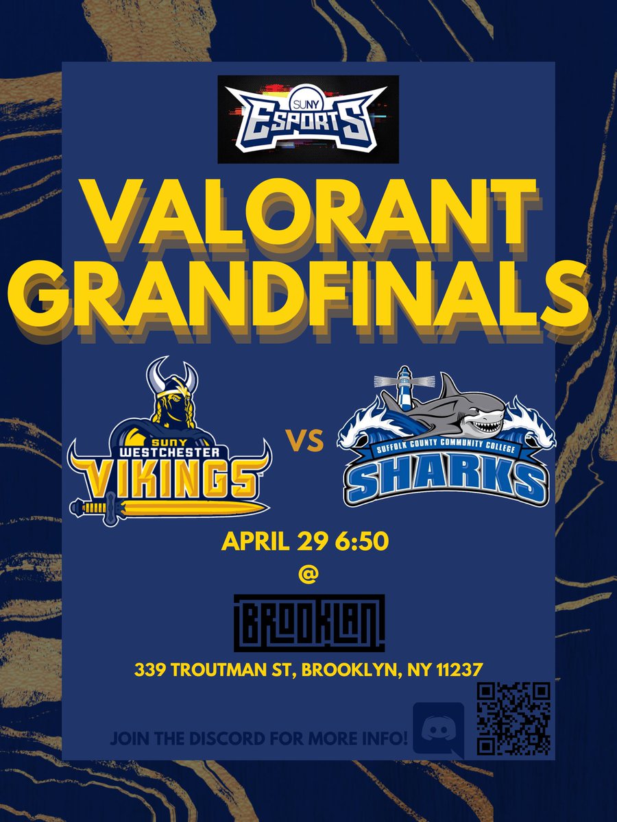Our SUNY Valorant Vikings are heading to finals!
The final match will be held in person at <a href="/BrookLAN_NY/">BrookLAN</a> 
If you are interested in coming out and supporting the team please RSVP on the website! 
👉 brooklan.com/event-details/…