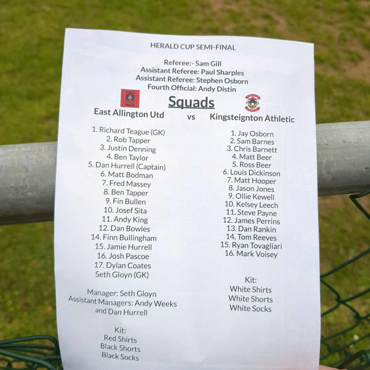 Here are the team sheets. Tannoy revealing some shirt number changes on the <a href="/KAFCtherams/">KingsteigntonFC</a> side though.