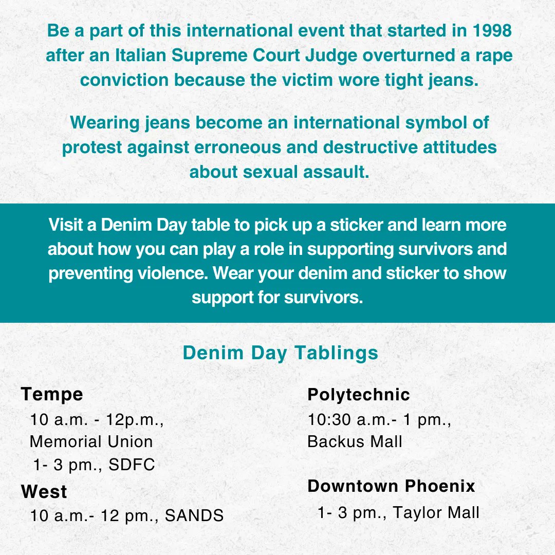 DENIM DAY IS TODAY! Denim Day is an international awareness campaign that takes place every year on April 26th to raise awareness about sexual violence and to support survivors.  Please wear your denim to support this movement towards ending sexual violence! #SAAM