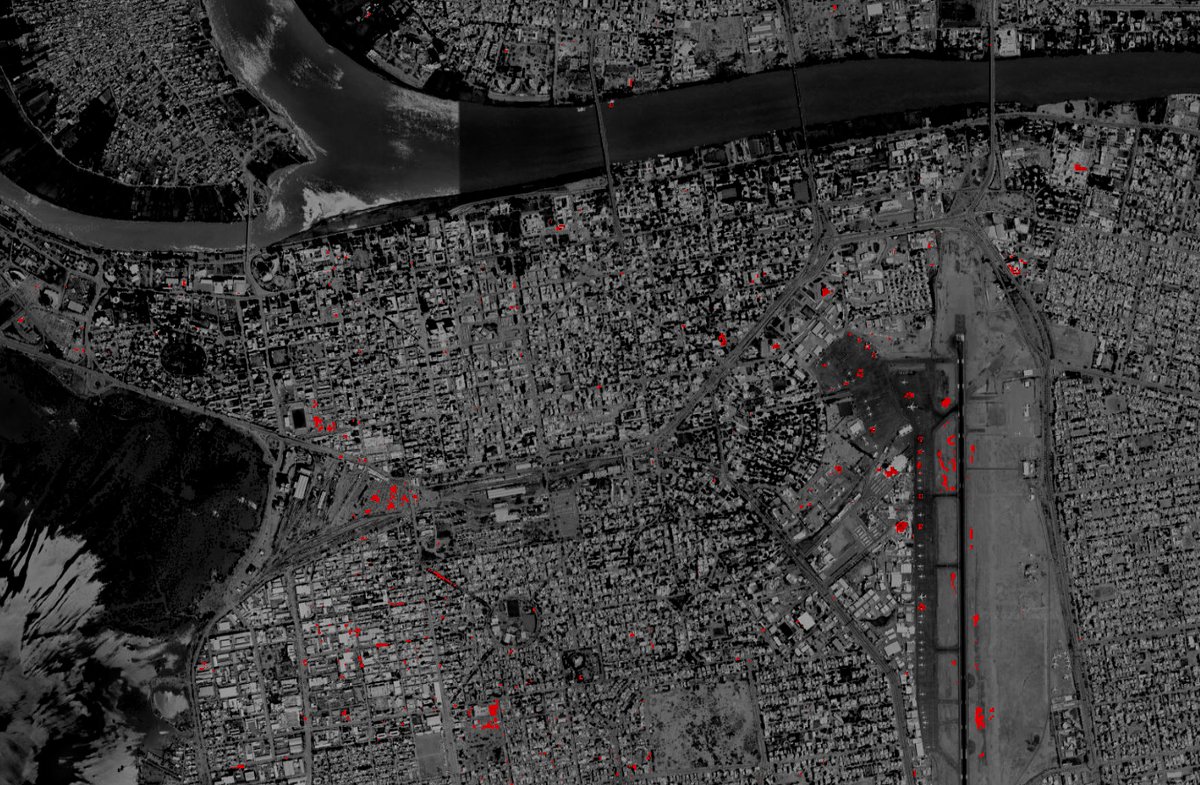 A rough assessment of building damage in Khartoum, Sudan, through to April 22. 

While low resolution, Sentinel-2 can be quite effective for detecting large-scale structural damage.