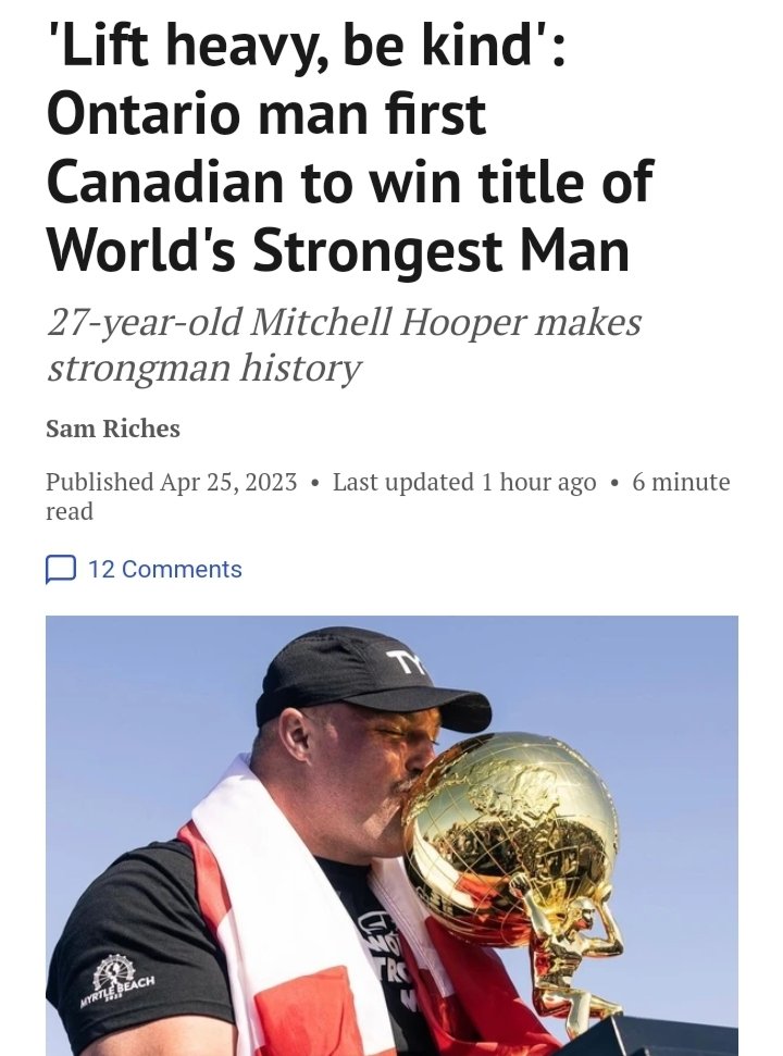 wanderwithodin's tweet photo. I LOVE this! The World's Strongest Man now is Canadian Mitchell Hooper and his mantra is "Lift heavy, be kind" ! Will link story below. #BeKind #Kindness #WorldsStrongestMan #MitchellHooper https://t.co/b1nsijwx6f