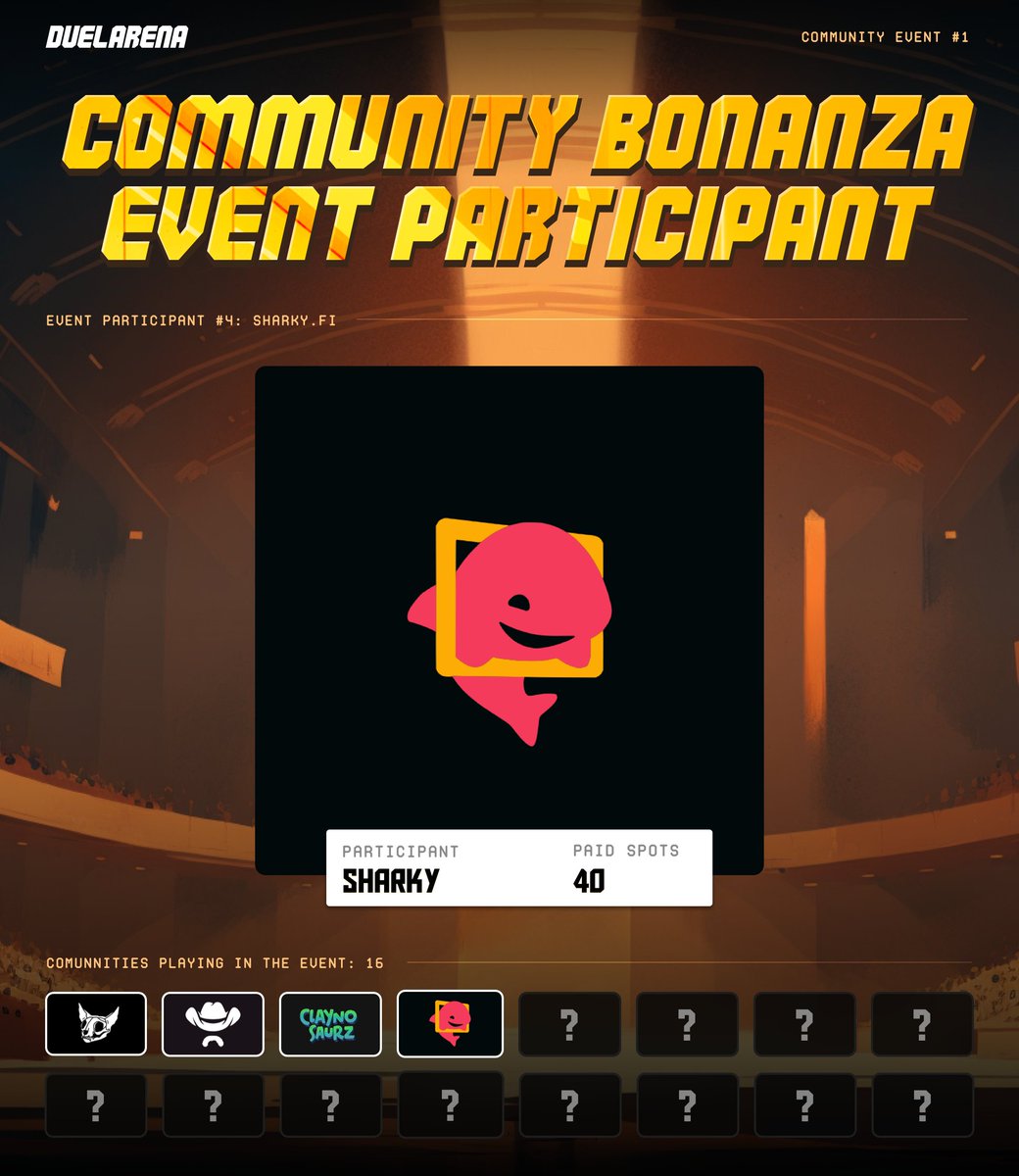 Duel Arena (@duelarenasol) on Twitter photo This sunday between 17-23.59 UTC, we will host the sickest community event the #Solana space has ever seen.
We have partnered with 15 top projects in the space for our Community Bonanza. The fourth partner reveal is none other than our Lending partner, <a href="/SharkyFi/">Sharky ๐ฆ NFT-backed loans</a> ๐ฆ
๐ This sunday between 17-23.59 UTC, we will host the sickest community event the #Solana space has ever seen.
We have partnered with 15 top projects in the space for our Community Bonanza. The fourth partner reveal is none other than our Lending partner, <a href="/SharkyFi/">Sharky ๐ฆ NFT-backed loans</a> ๐ฆ
๐