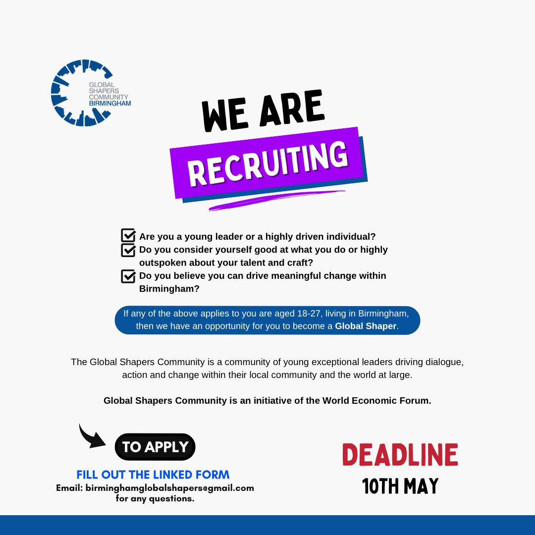 Hey there 👋 

⭐️ Are you between 18-27 years old and interested in driving meaningful change within Birmingham?

If yes we are accepting applications for new hub members 🎉

Click the link below to apply and find out more.👇

Deadline to apply: 10th May

tinyurl.com/applyBGShaper