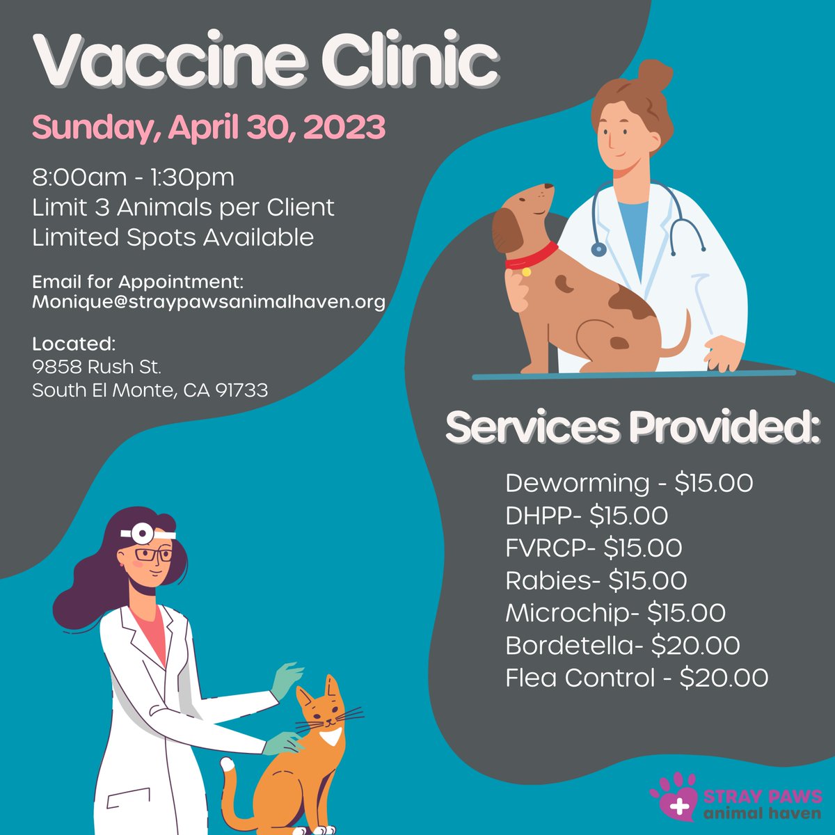 Join us for our Vaccine Clinic on Sunday, April 30th, 2023 from 8:00am -  1:30pm to get your pet Vaccinated: This clinic is open to residents outside the  El Monte area. 
#straypaws #vaccineclinic #microchip #catsofinstagram #fleacontrol #discountedvaccineforpets #petclinic