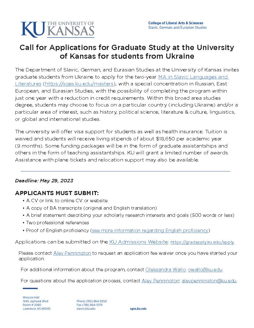 AricToler's tweet photo. For any of my Ukrainian followers looking to study abroad for graduate school in Slavic Languages &amp; Literatures, my alma mater (@ku_sges) is seeking MA applicants, with assistance with stipends, visa help, funding, etc. https://t.co/cnmMtPHRrE