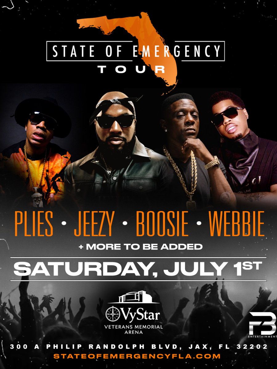 🚨 The State of Emergency Tour is on the way with @Jeezy, @BOOSIEOFFICIAL, @plies, and @OfficialWebbie. Be prepared and get your tickets when they go on sale Friday, April 28th. 🎟️ fal.cn/3xKoJ