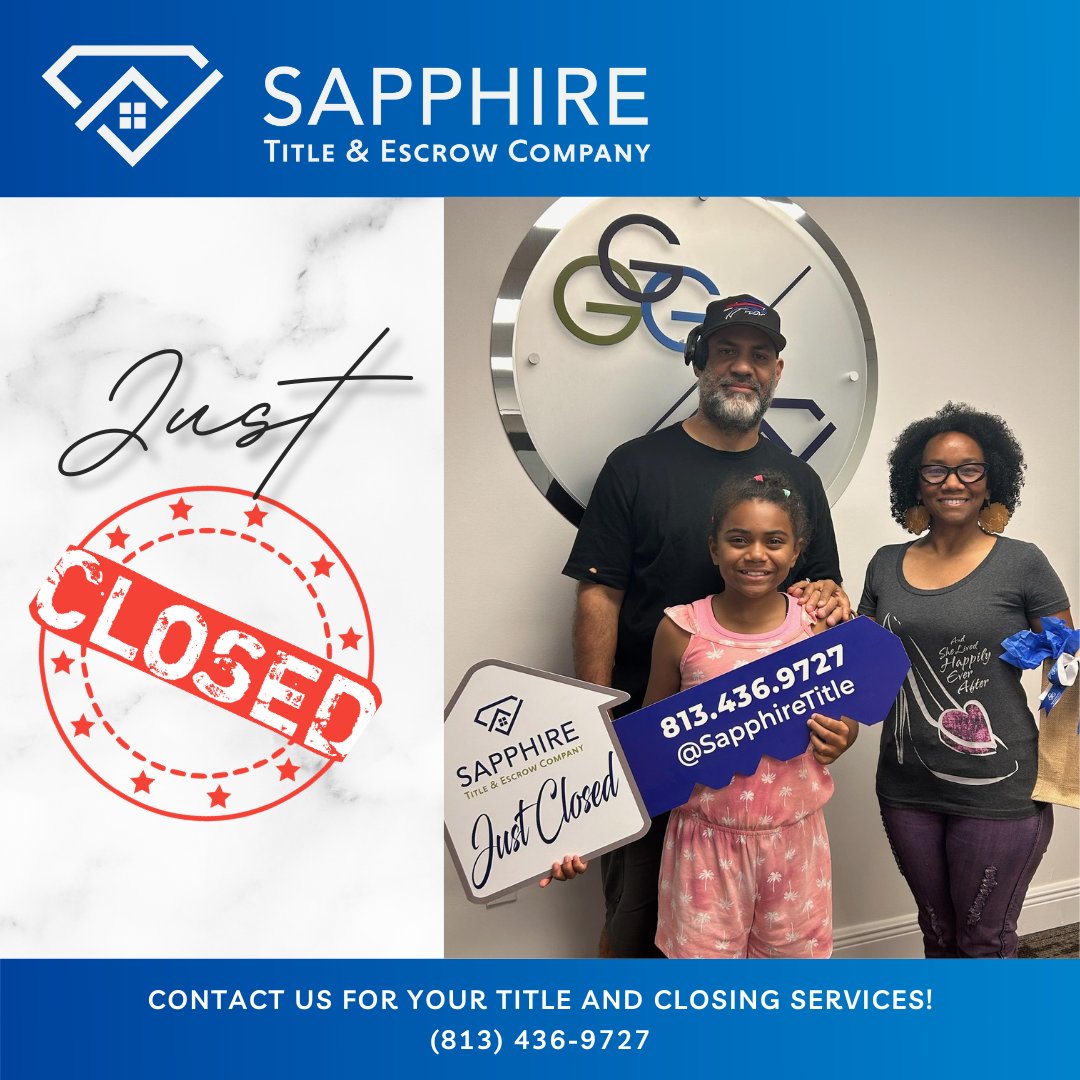 SapphireTitle's tweet photo. Happy Closing Day! Congratulations on your closing, and thank you for allowing us to work with you. 

From all of us at Sapphire Title &amp; Escrow Company.

#HappyClosingDay #JustClosed #Sold #TampaTitleAgent #realestateattorneys https://t.co/O1aZo7WHxP