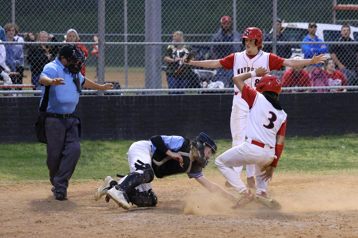 drjlstewart's tweet photo. Photo highlights of Maypearl Baseball v Keene (April 25, 2023) include: Nolan Spence (standing) and the umpire are in agreement - Tyson Brooks #3 is safe. https://t.co/paqrmktavQ