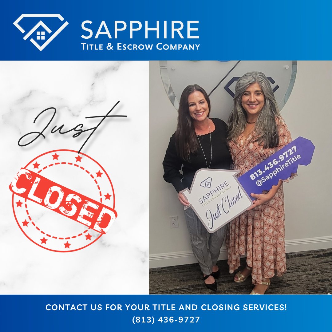SapphireTitle's tweet photo. Congratulations on your closing! It was a pleasure working with this great Realtor on her closing. Thank you for trusting us to work with you. 

From all of us at Sapphire Title &amp; Escrow Company. 

#HappyClosingDay #JustClosed #Sold #TampaTitleAgent #TampaRealtor https://t.co/GmhYEljLvD