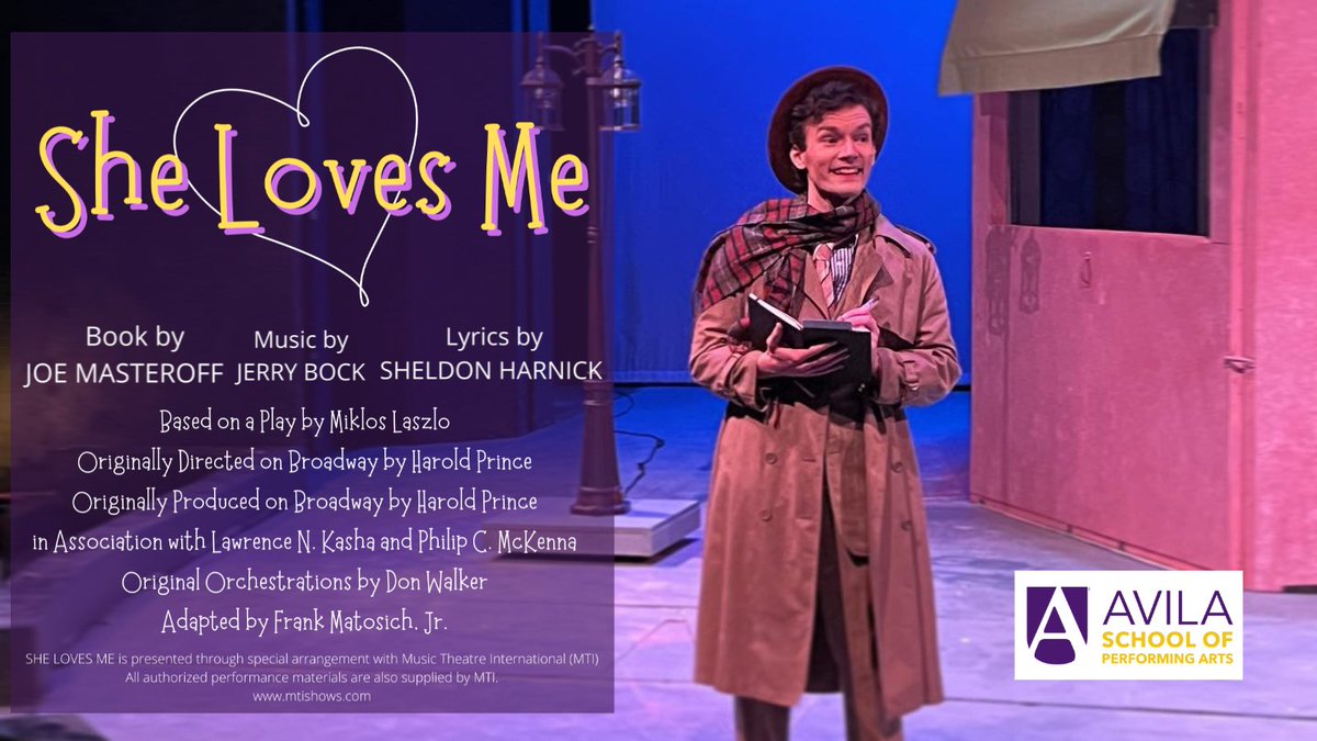 SHE LOVES ME opens THURSDAY 4/27!
Goppert Performing Arts Center at Avila University

April 27, 28, &amp; 29 @ 7:30pm
April 30 @ 2pm

Call box office: 816-501-3699 or email Box.Office@avila.edu to reserve seats!

#shelovesme #musical #theatre #college #kansascity #avilauniversity