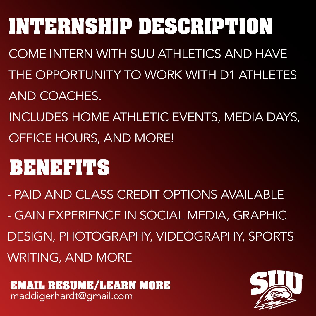 SUUThunderbirds's tweet photo. Are you interested in working in DI athletics? 

Our creative team is looking for student interns to help produce high-level content for SUU Athletics!

Email your resume or any questions you may have to maddigerhardt@suu.edu

#TBirdNation x #RaiseTheHammer https://t.co/7kzfynpsZH