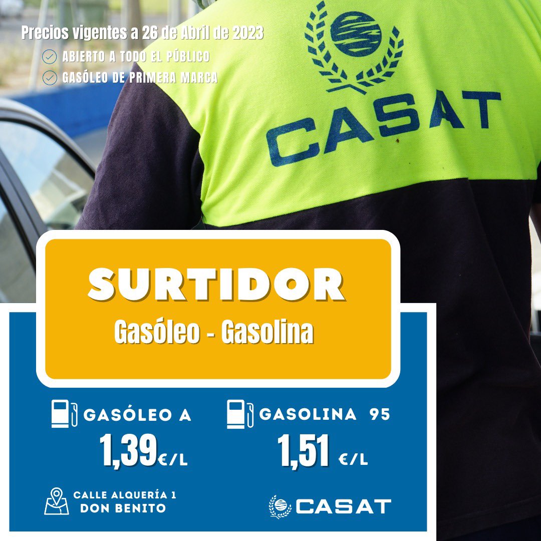 "En el surtidor de #CASAT, siempre estamos pensando en nuestros clientes y en ofrecerles la mejor calidad al mejor precio. Por eso, nos alegra anunciar que hemos bajado el precio de la gasolina para que puedas llenar el depósito de tu vehículo sin preocuparte por gastar de más”