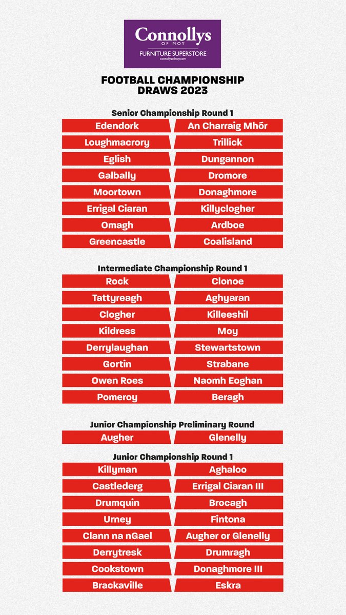 TyroneGAALive's tweet image. Connollys of Moy Club Football Championship 🤩

Here's the full draw for the Junior, Intermediate and Senior Football Championships ⬇️

We're looking forward to some tough and exciting clashes 💪🏻