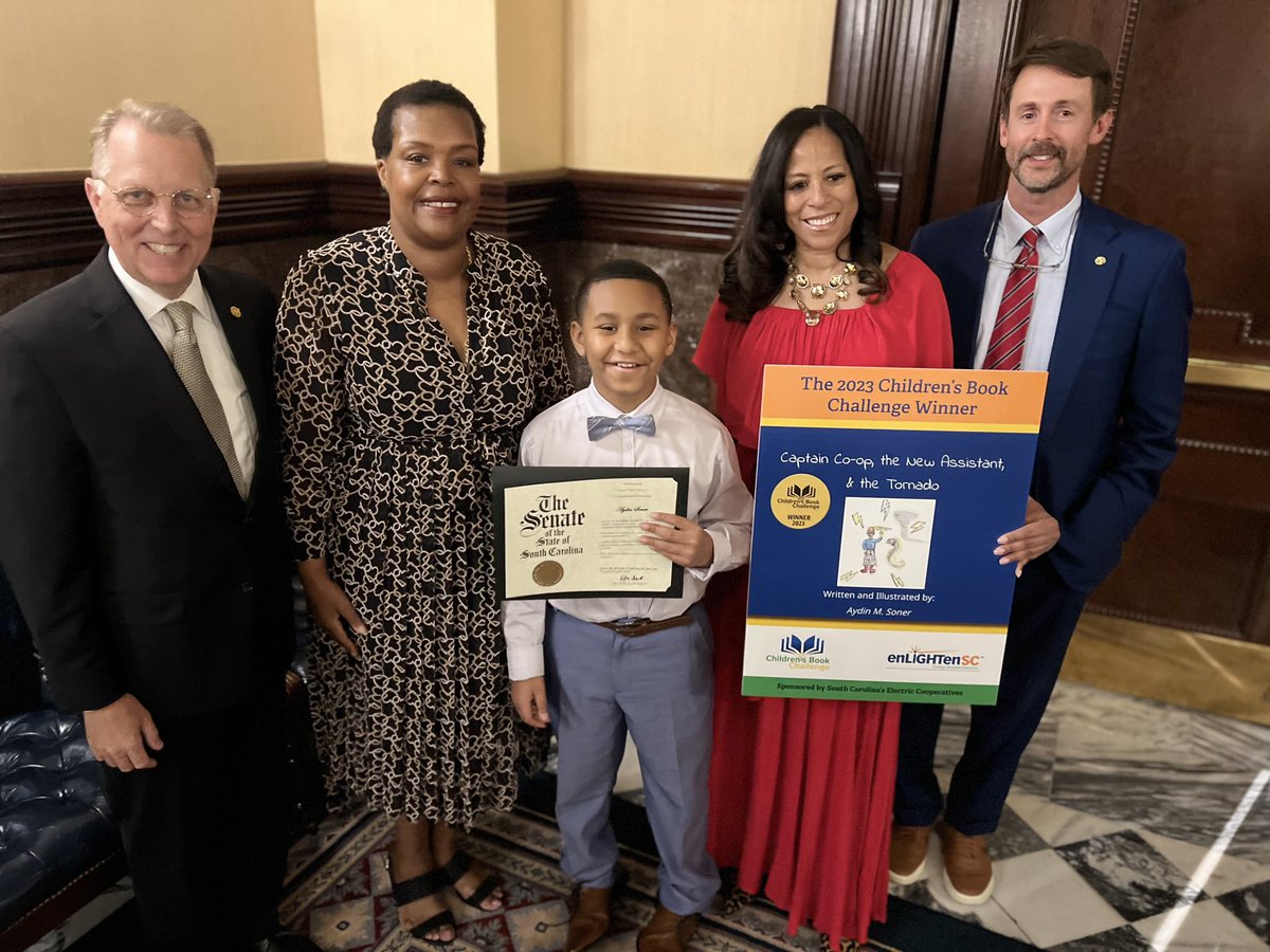 SCcooperatives's tweet photo. The statewide winners of our 2023 @EnlightenSC_ed Children’s Book Challenge were honored at the S.C. Statehouse this week. Congrats to Columbia fourth-grader Aydin Soner and Hilton Head fifth-graders Kaia Bishop and Sawyer Blakeley Costello on an impressive achievement! https://t.co/eOdIXu3Szb