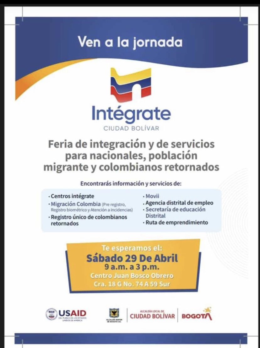 UTRAVENCO's tweet photo. Este sábado 29 de Abril, en Centro Juan Bosco Obrero.Cra 18 G #74A 59 Sur. #Intégrate estará llevando a esta localidad, Feria de integración de servicios, para toda la población Migrante y colombianos retornados.
#Migracion #venezolanosenbogota #Utravenco #USAID #OIM https://t.co/kDpRhlH9Sh
