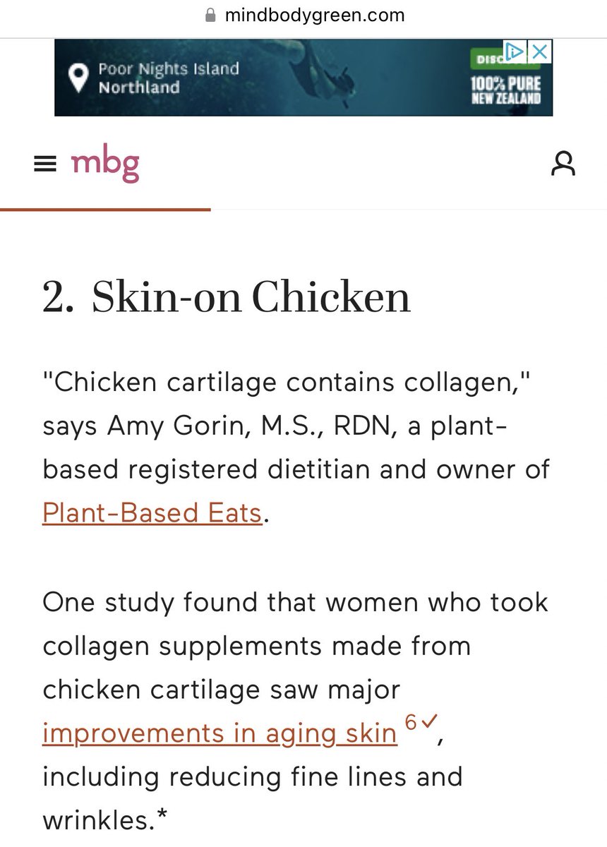 Couldn’t decide if this is gloriously evil using a “plant-based” dietician to quote the collagen benefits of eating chicken skin for a MindBodyGreen article, or a pitiful oversight. Either way I couldn’t help but chuckle. 🍗🌱