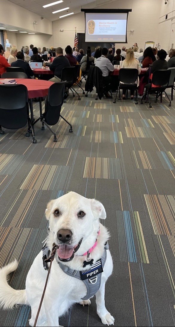 This morning #VSP Therapy Dog Piper made lots of new friends when her handler VSP #Wellness Coordinator Michael Gresham spoke about Cognitive Fitness &amp; mental wellness at the #Virginia Department of Juvenile Justice meeting in Hanover Co.