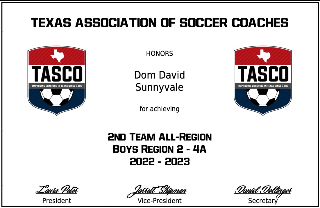 SHSRaiderSoccer's tweet photo. Congratulations to Dominic David for being selected as TASCO 2nd Team All-Region. Our Captain and leader. Proud of your work ethic kid. Continue to shine. #D2W #HWPO 
@SunnyvaleISD @Sunnyvale_HS @SVRaiderBooster @CoachMoThompson https://t.co/fGPUhEZrr3