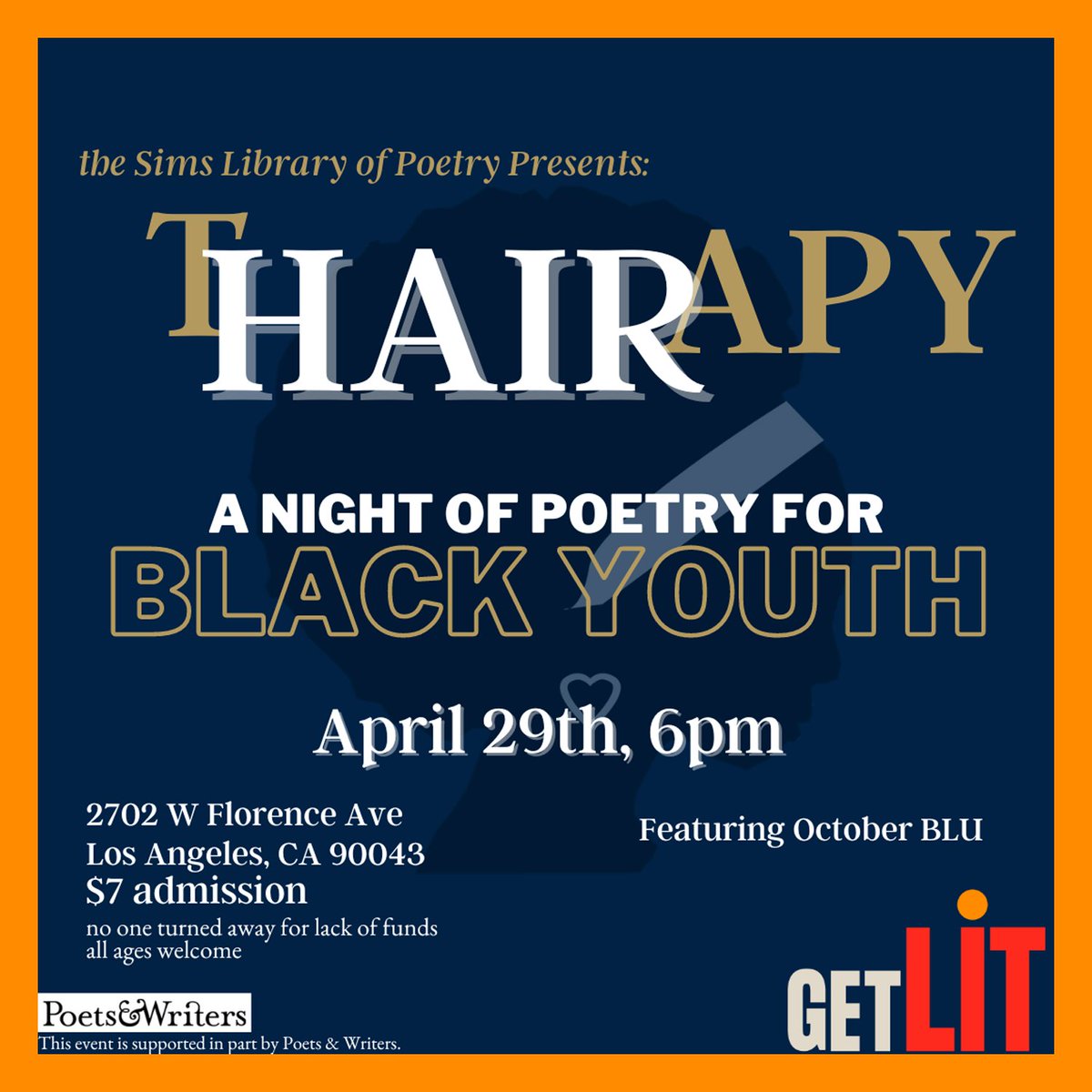 GetLitPoet's tweet image. Watch Get Lit Poets ignite the stage at Sims Library of Poetry this Saturday!

We are making space for young poets to step up to the mic to share their hair poems. All ages welcome!

Tickets: Use promo code"GetLit" for 50% off! eventbrite.com/e/thairapy-for…

#PoetryPerformance