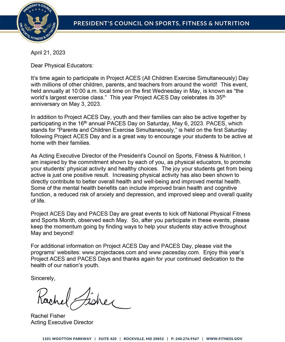 theYFCinc's tweet image. Thank you @FitnessGov for your #ProjectACES 
&amp;amp; #PACESDay letter of support
tinyurl.com/yzzxv9a9

#NationalPhysicalFitnessSportsMonth
#MoveInMay